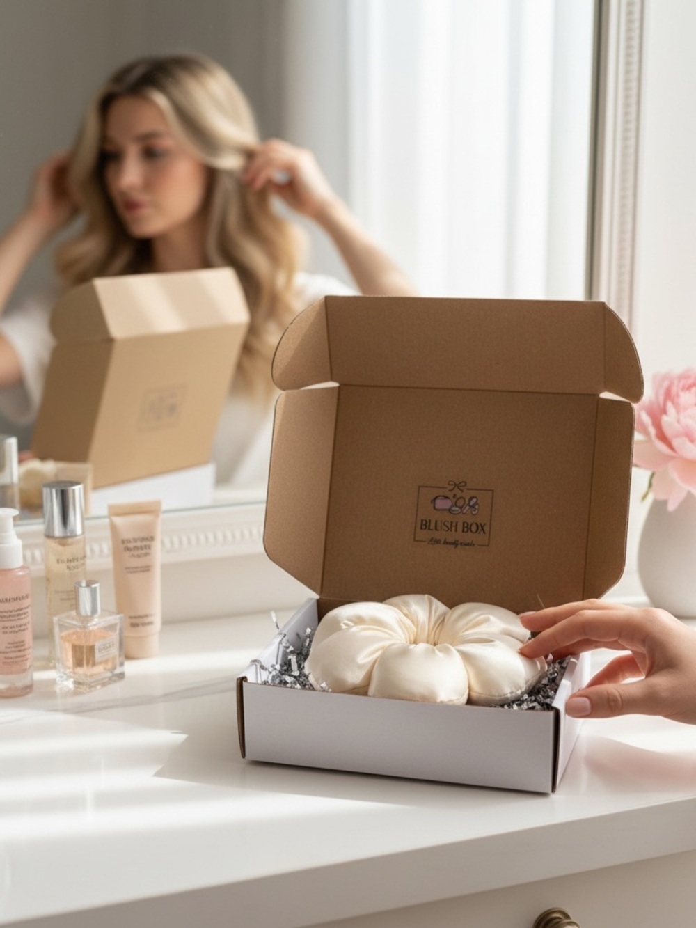 Blush Satin Bath Puff Trio in Cream